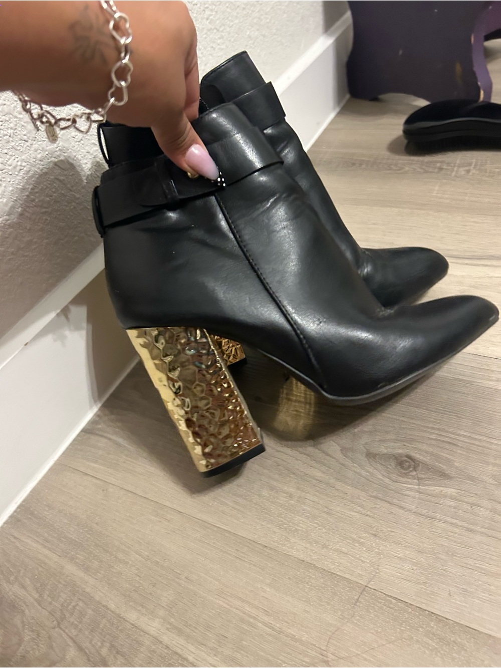 Charlotte Russe Black Ankle Boots with Gold Textured Block Heel